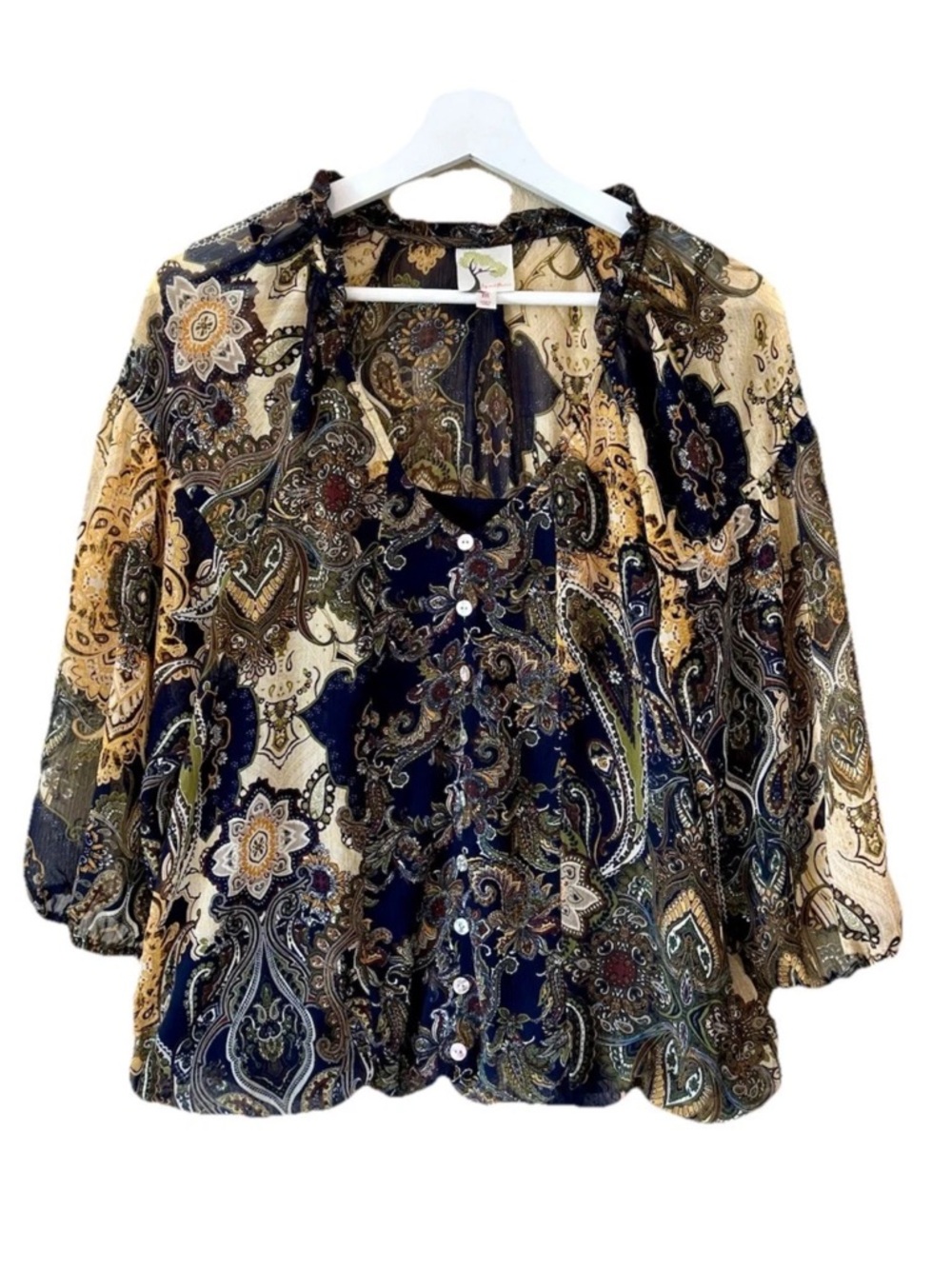 Fig and Flower Loned Sheer Paisley Button-Front Blouse - Navy & Cream Size M